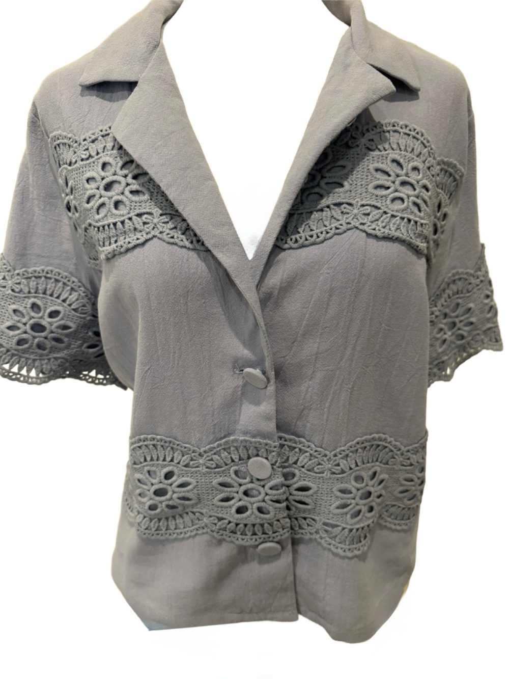 Crochet-Trim Short Sleeve Button-Down Top in Periwinkle by Velvet Fleur. Medium
